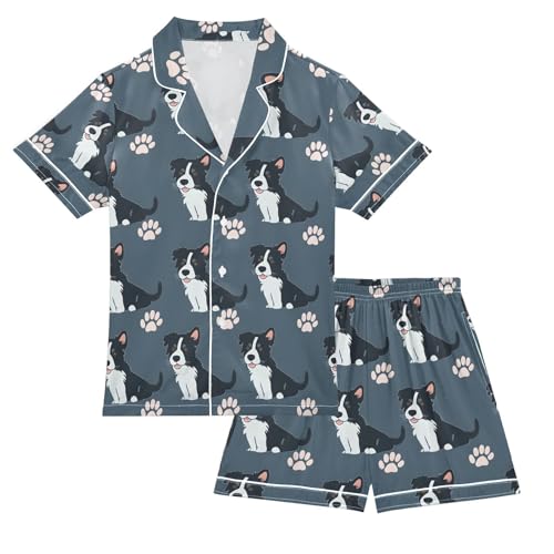 ALAZA Blue Dog Paw Print Puppy Pajamas Satin Pajama Set Short Sleeve Button Down Sleepwear