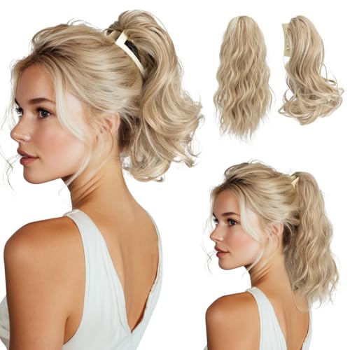 youngways 2 PCS Ponytail Extensions Claw Clip Short Pony Tails Wavy Curly Synthetic Hairpieces for...