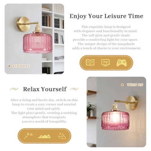 Image of Nordic Pink Glass Sconce Vintage Wall Light 90 Adjustable Gold Rod | Bathroom Light Fixture Vanity Light Pink Striped Glass,Mid Century Antique Style E26 Base,Mirror,Bedroom,Living Room,Hallway