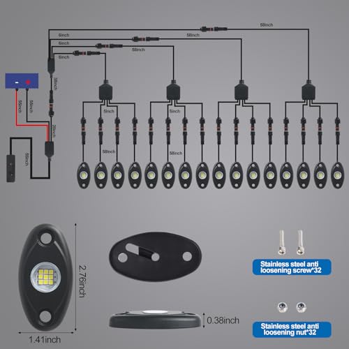 Image of 20pods White Rock Lights Dc 12v-80v 6000k Aluminum Alloy Pure White Led Rock Lights with Switch Wiring Harness Kit Ip68 Waterproof for Trucks Pickup Offroad Car SUV Utv ATV Rv Fends Underglow Lights