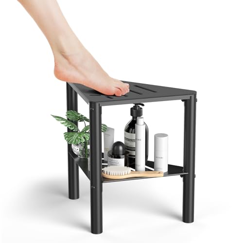 YAJONUE Shower Stool for Shaving Legs Shower Step Stool for Inside Shower Non-Slip Spa Shower Foot Rest Stool Corner Bathroom Shower Bench Bath Seat with Storage Shelf for Small Shower Spaces