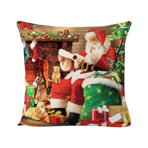 Christmas Pillow Cover Santa Claus Throw Pillow Cover Home Decor Cute Dog And Cat Lovely Santa Pillowcase For Sofa Bed Couch, Cotton Linen Pillow Cover 18 X 18, No Pillow Insert #TOP7