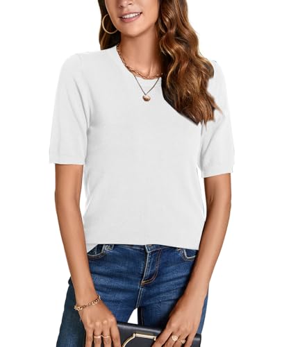 Image of Womens Short Sleeve Sweaters Tops Crew Neck Pullover Shirt Lightweight Knit Sweater Blouse