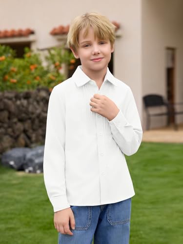 Haloumoning Boys Pleated Front Long Sleeve Dress Shirts Kids Button Down School Uniform Shirt 5-14 Years3