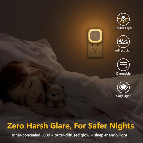Image of YUNLEX 2 Pack Plug in Night Light with Motion Sensor & Dusk to Dawn Sensor, 3 in 1, Dimmable Reflected Light, Warm White Nightlight for Living Room, Bathroom, Hallway, Stairs
