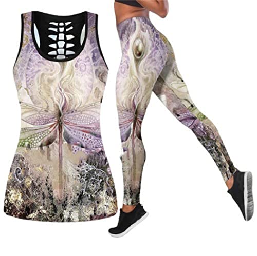Leggings de sport femme et débardeur imprimé libellule psychédélique tenue yoga 4XL