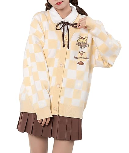 Image of Kawaii Cartoon Cardigan Sweaters for Women Girls Long Sleeve Open Front Knit Cardigans JK School Uniform, Yellow, S