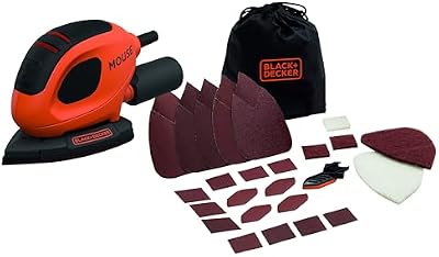 BLACK+DECKER Lijadora de Detalle Mouse 55 W, Velocidad de 11.000 RPM, Diámetro Orbita 1.5 mm, Fijación de Papel de Lija con Velcro, Incluye 15 Accesorios y Bolsa de Transporte, BEW230BC-QS