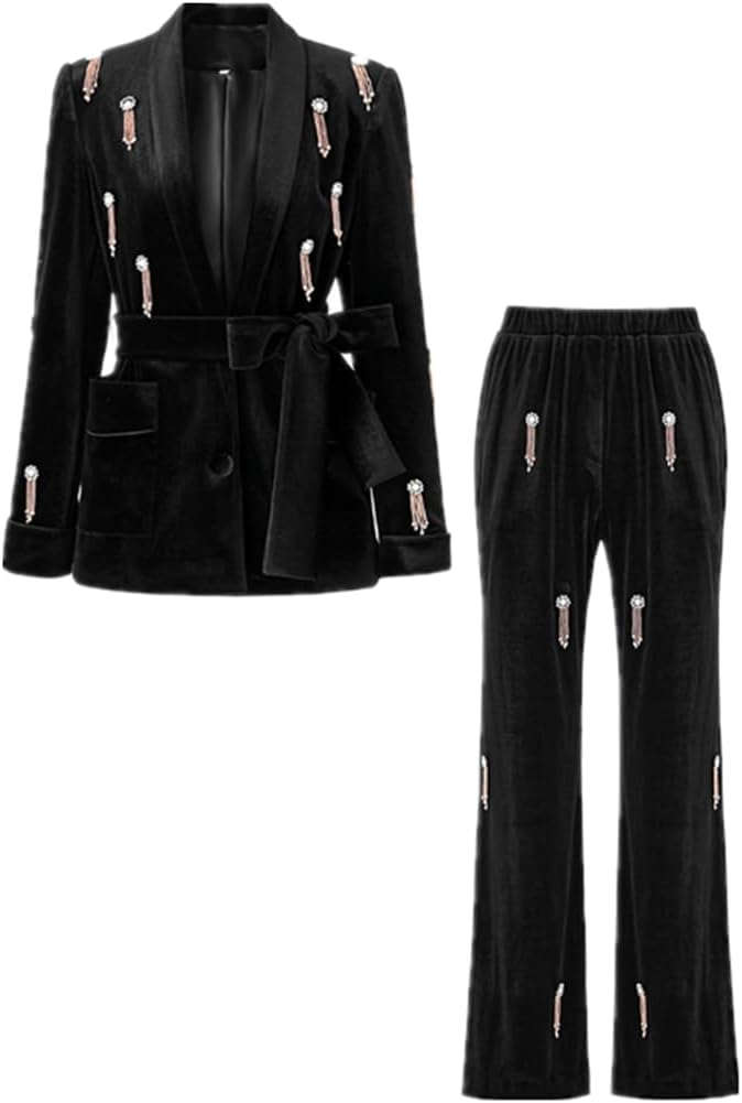 Womens Velvet Suits 2 Piece Pant Suits for Women Dressy Blazer Business Casual Outfits