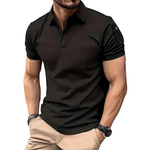 Men Quarter Button Casual Polo Shirt Side Zipper Pocket Sports T-Shirts Summer Classic Lapel Breathable Pullovers (Black,Small)
