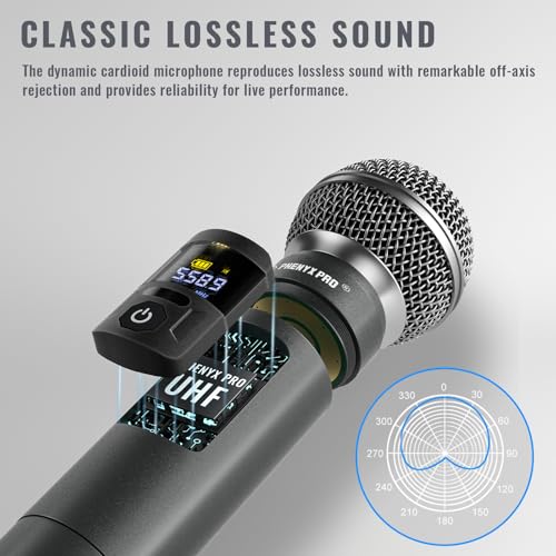 Phenyx Pro Wireless Microphone System, Metal Wireless Mic Set with 4 Cordless Mics, 4x25 UHF Adjustable Frequencies, 200ft Range, Dynamic Microphones for Singing, Karaoke, Church, DJ (PTU-5200-4H)