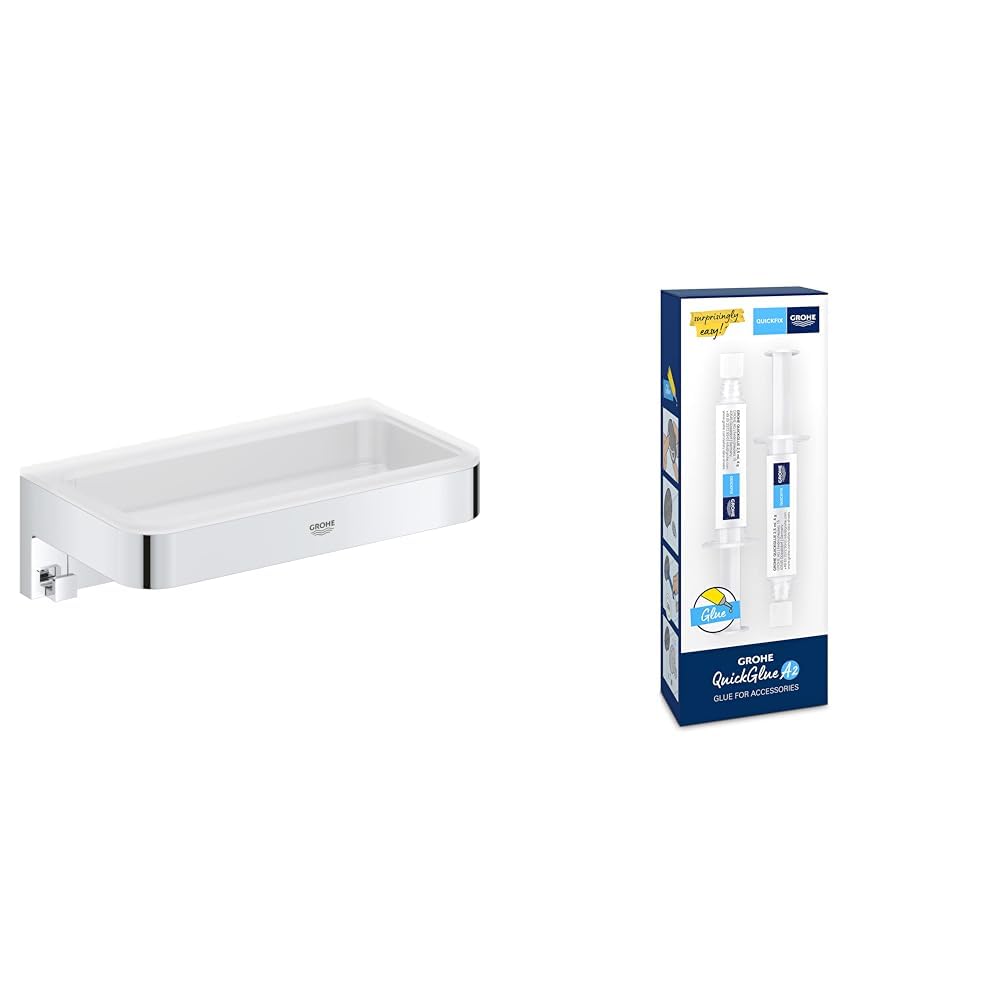 GROHE Start Cube - Seifenschale (verdeckte Befestigung, langlebig), chrom, 41107000 + Kleber- Set für BadAccessoires