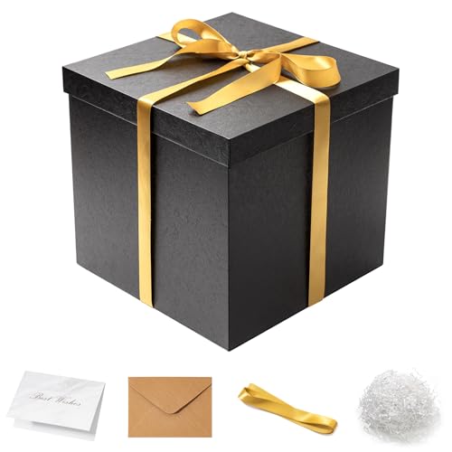 Mefleet Large Gift Box with Lid for Presents 12x12x12 Inches Extra Big Deep Square Black Boxes 1 Pack for Christmas Birthday Valentines Day Mothers Day - Contains Crinkle Paper Ribbon and Card