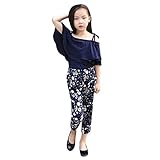 Toddler Baby Girls Summer Outfits Clothes 3-12 Years Kids Off Shoulder T-Shirt Tops and Floral Pants Sets (10-11 Years Old, Navy)