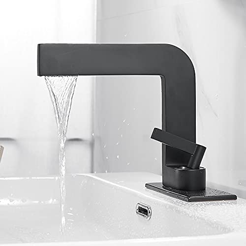 NURUGURE Bathroom Basin Faucet, Matte Black Black Brass Bathroom Basin Faucet Waterfall Spout for Vanity Sink