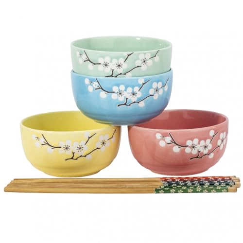 lachineuse - Coffret 4 Bols Japonais Fleurs de Cerisier Zen ⌀ 10,5 cm - Bols à Riz, Poke Bowl, Petit Déjeuner & Soupe - 4 Paires de Baguettes - Bol...