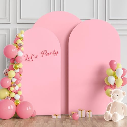 Image of Wokceer Wedding Arch Cover (7.2FT, 6.6FT, 6FT) Set of 3 Spandex Fitted Wedding Arch Stand Covers for Round Top Chiara Arch Backdrop Stands Cover for Birthday Party Ceremony Banquet Decor Pink