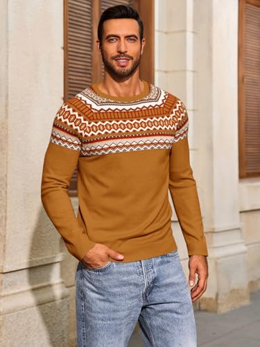 Runcati Mens Crew Neck Sweater Casual Fair Isle Knit Pullover Long Sleeve Fall Winter Chunky Sweaters3