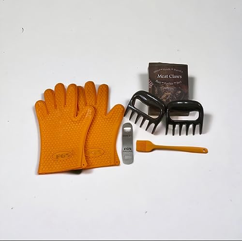 FGS Orange Silicon BBQ Gloves/Mitts with Extreme Heat Resistance + Meat Shredder Claws + Silicone Basting Brush and Stainless Steel Bottle Opener