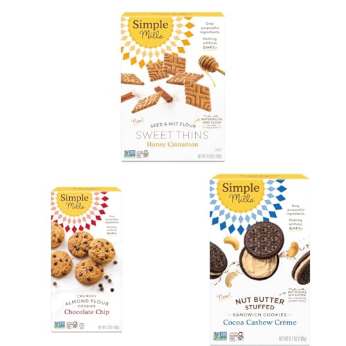 Simple Mills Sweet Thins Cookies Seed and Nut Flour Honey Cinnamon, Simple Mills Almond Flour Crunchy Cookies Chocolate Chip, and Simple Mills Cocoa Cashew Crème Sandwich Cookies (Pack of 3)
