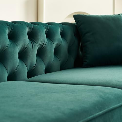 Image of KEIKI 86 inch Chesterfield Velvet Button Tufted Sofa with High Density Foam Cushions and 2 Toss Pillows, Modern Style 3-Seater Couch with Gold Strip Trim Decoration, Easy Assembly, for Living Room, Green