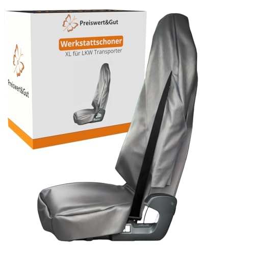 Preiswert&Gut Kunstleder Sitzbezug als Werkstattschoner für Fahrersitz – universeller Sitzschutz mit Kopfstützenabdeckung und Gurtschlitz – geeignet für LKW Transporter und Wohnmobil