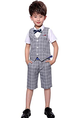 Image of LOLANTA Boys 4PCs Summer Suits, Short Suit Set for Wedding Ring Bearer Outfits Dress Clothes Vest Shirt Shorts Bow Tie