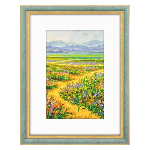 Image of Golden State Art,12x16 Ornate Picture Frame Holds 8x12 Photo,Blue Gold | Includes plexiglass front,white mat,build-in hangers and buttons.Displays 8x12 photo on wall