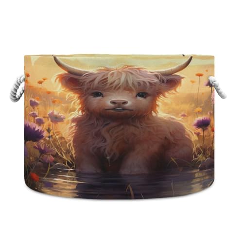 Round Cute Baby Highland Cow Yak River Storage Basket Large Organizer Bin Laundry Hamper Toy Storage Basket with Handle for Nursery Clothes Toys 202b4826