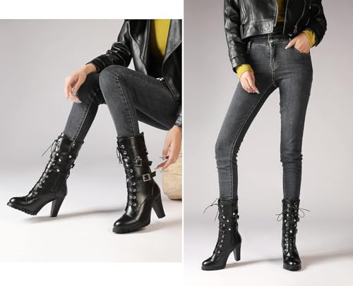 susanny high heel boots for womenwomens platform boot heels sexy round toe lace up high heels mid calf boots