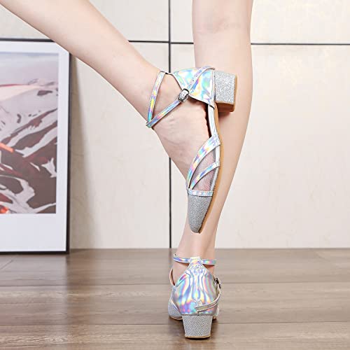 Luixiu Low Heel Ballroom Dance Shoes For Social Beginner 1.5 Inches Latin Salsa Practice Dancing Sandals Lx03(9, Silver-1.5 Inch Heel) #TOP3