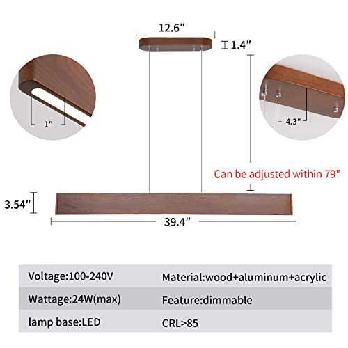 Yisdesign 39.4" Wood Linear Pendant Light 24W Led Dimmable Dining Pendant Light Wood Kitchen Island Led Ceiling Pendant Hanging Light Dining Room Light For Kitchen Island Office Lights Walnut Color #TOP3
