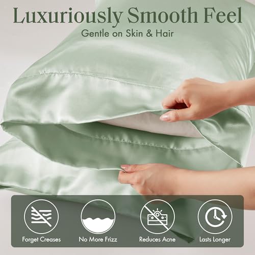 Image of Madison Park Essentials Satin Pillowcase Set of 2, Silky, Standard Sage | Pillowcase Cover for Hair & Skin, Luxuriously Soft, Natural Sheen Luster, Cool to Touch, Wrinkle-Free, Machine Washable