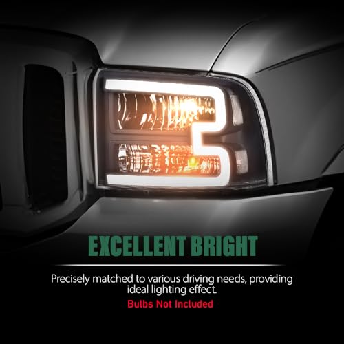 Image of GRAND ORANGE LED DRL Headlight Assembly Compatible with Ford Excursion 05 /Fit Ford F250 F350 F450 F550 Super Duty 05-07 HeadLamps LH & RH Clear lens Black Housing White Reflector Headlights FO2503217