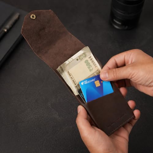 Image of The Wallet Store Flip 2.0 Genuine Leather Vertical Slim Wallet for Men | Easy Quick Card Access | Compact Front Cash Pocket & Button Lock | Minimalist Travel & Daily Carry Wallet (Dark Brown)
