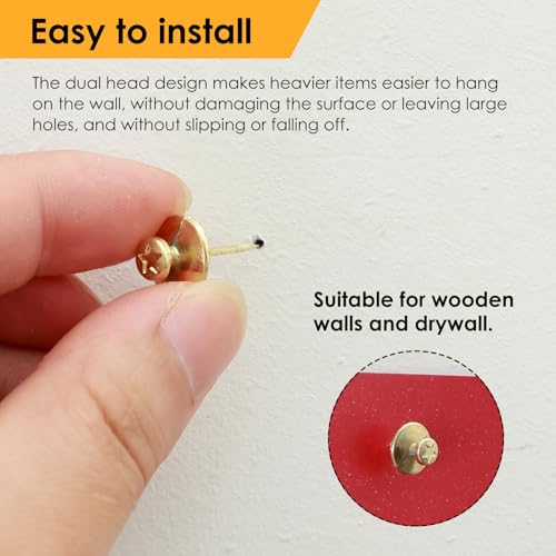 Image of Double Headed Picture Hanging Nails, 60 Pack Small Head Hanging Nails, Picture Photo Hanging Hook Pins Decorative Nail Hook Hangers for Home Office School (Gold)