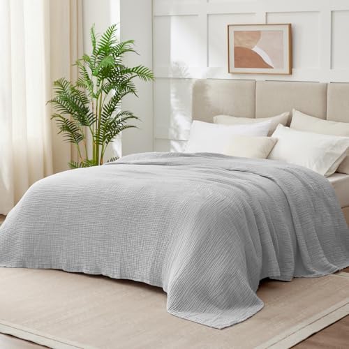 100% Cotton Muslin Blanket Queen 90" x 90", Breathable and Lightweight Cotton Throw Blanket for Bed, Soft Cooling Summer Gauze Blanket for Adults All Season, Light Grey