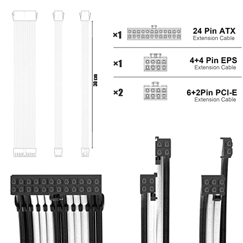 PSU Cable Extension Kit with Two Sets of Cable Combs 1x24Pin/1x8Pin(4+4) EPS/2x8Pin(6P+2P) PCI-E/ 30CM Length,PC Sleeved Cable for ATX Power Supply(Black/White)