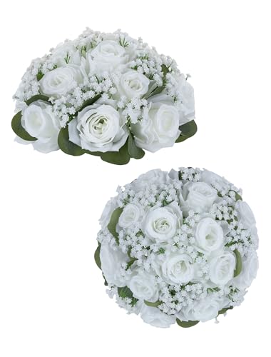 BLOSMON Rose Boule Fleur Artificielle Table 2 Pièces Blanche Roses Fleurs Gypsophiles Bouquet Artificielles pour Decoration Mariage Chemin de Table Fausse...