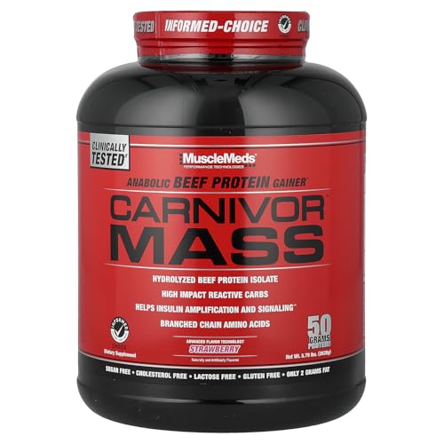MuscleMeds Carnivor Mass Anabolic Beef Protein Gainer, Strawberry, 6 Pound