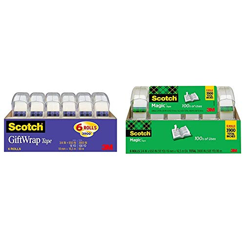 Scotch Gift Wrap Tape, 6 Rolls, 3/4 x 650 Inches, Dispensered & Magic Tape, 6 Rolls, Numerous Applications, Invisible, Engineered for Repairing, 3/4 x 650 Inches, Boxed (6122)