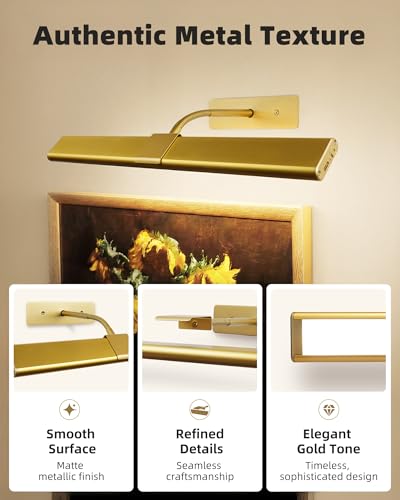 EZVALO Picture Light for Wall, 4800mAh Rechargeable Wireless Remote, 16in Dimmable Magnetic LED Art Display Light with 3 Color Temperatures, for Gallery, Living Room, Bedroom, Hallway (Gold)