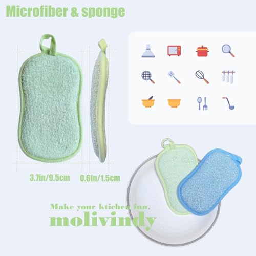 Image of Multi-Purpose Scrub Sponges for Kitchen Non-Scratch Microfiber Sponge Along with Heavy Duty Scouring Power - Effortless Cleaning of Dishes, Pots and Pans,2 pcs
