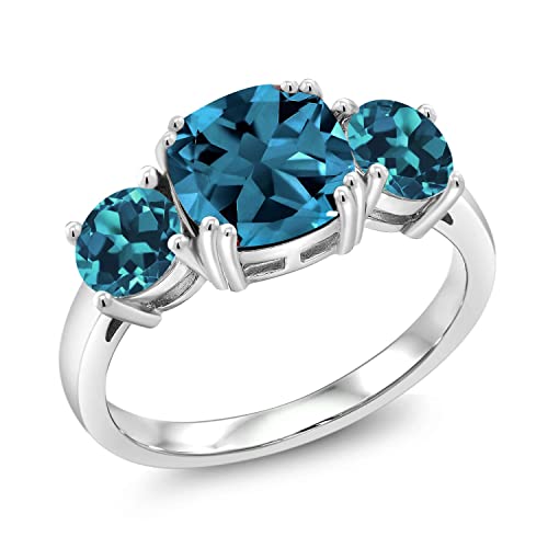 Gem Stone King 925 Sterling Silver London Blue Topaz 3 Stone Engagement Ring For Women (3.74 Cttw, Gemstone November Birthstone, Cushion 8MM, Available in Size 5,6,7,8,9)