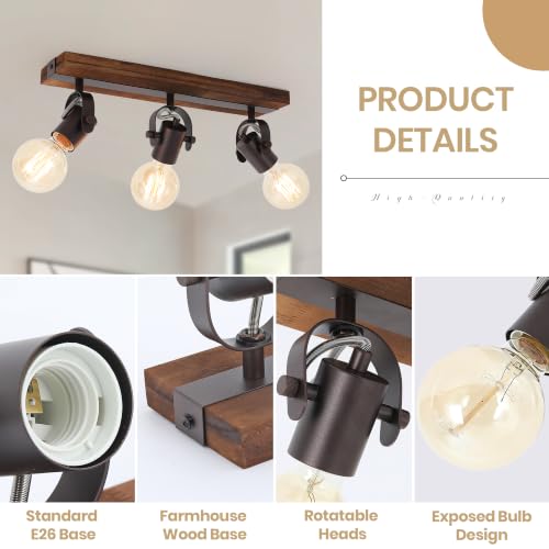 Image of 3-Light Farmhouse Track Lighting Fixture, Light Natural Wood & Matte Black Adjustable Directional Ceiling Spot Light, E26 Base Linear Wood Track Light for Kitchen Hallway Bedroom Laundry Room