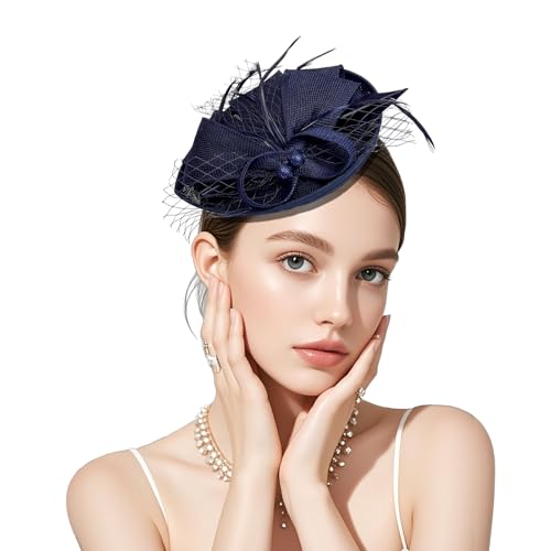 Clorallinvey Fascinators Hat for Women Elegant Fascinators for Weddings Royal Ascot Pillbox Wedding Cocktail Tea Party Derby Hat Wedding Hair Accessory Party Gifts (Navy Blue)