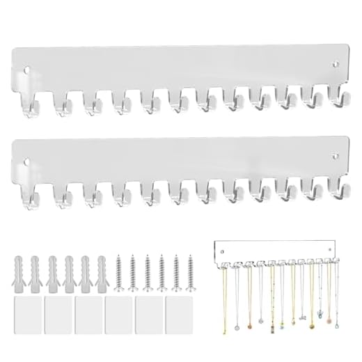 Porte Bijoux Mural, Porte Collier avec 12 Crochets, Support de Rangement pour Colliers, Présentoir de Bijoux pour Boucles d Oreilles, Colliers, Bracelets, Bagues, Acrylique, 2 Pièces, Transparent