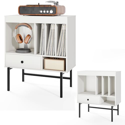 KOMFOTTEU Soporte para Tocadiscos, Mueble para Discos de Vinilo con Cajón y Compartimentos Abiertos, Mesa Auxiliar para Álbumes con Marco de Metal para Salón, Estantería para Exhibición (Blanco)