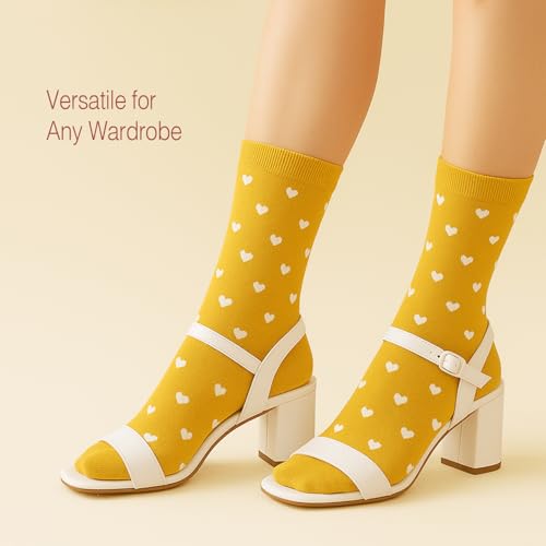 Image of Women's Cute Heart Pattern Crew Socks - 3 Pairs Colorful Novelty Gift Set - Soft Cotton Cozy Socks for Casual Wear