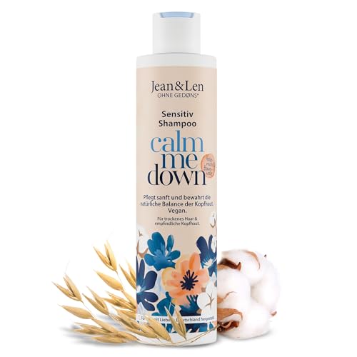 Jean & Len Champú Sensitive Leche de Avena y Algodón, limpia suavemente y protege contra la rotura del cabello, para cabello seco y cuero cabelludo sensible, sin parabenos ni siliconas, vegano, 300 ml